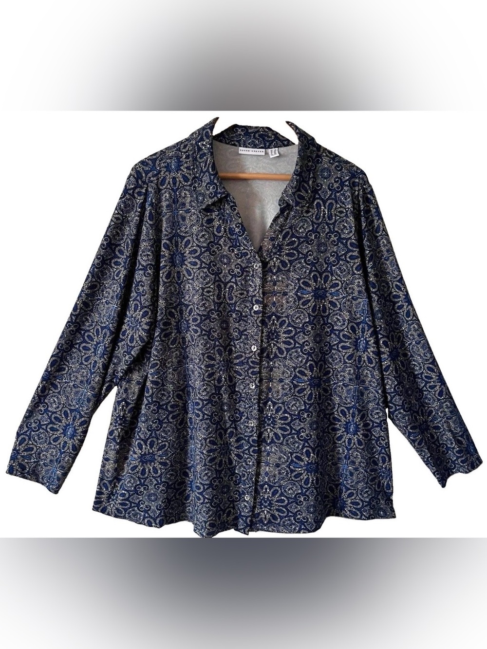 Susan GraverTeal Blue Liquid Knit Collared ButtonUp Mosaic Floral Print Tunic 2X